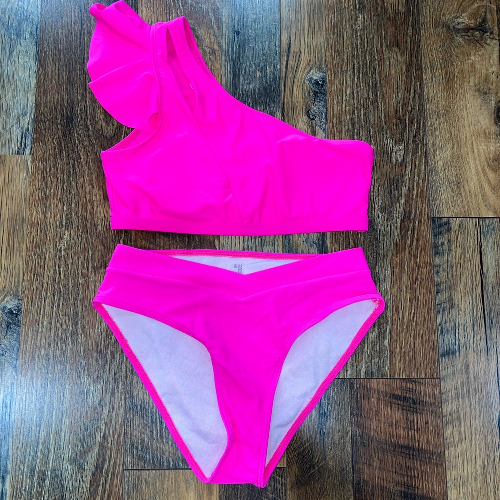 Neon Hot Pink One-Shoulder Ruffle Bikini Set